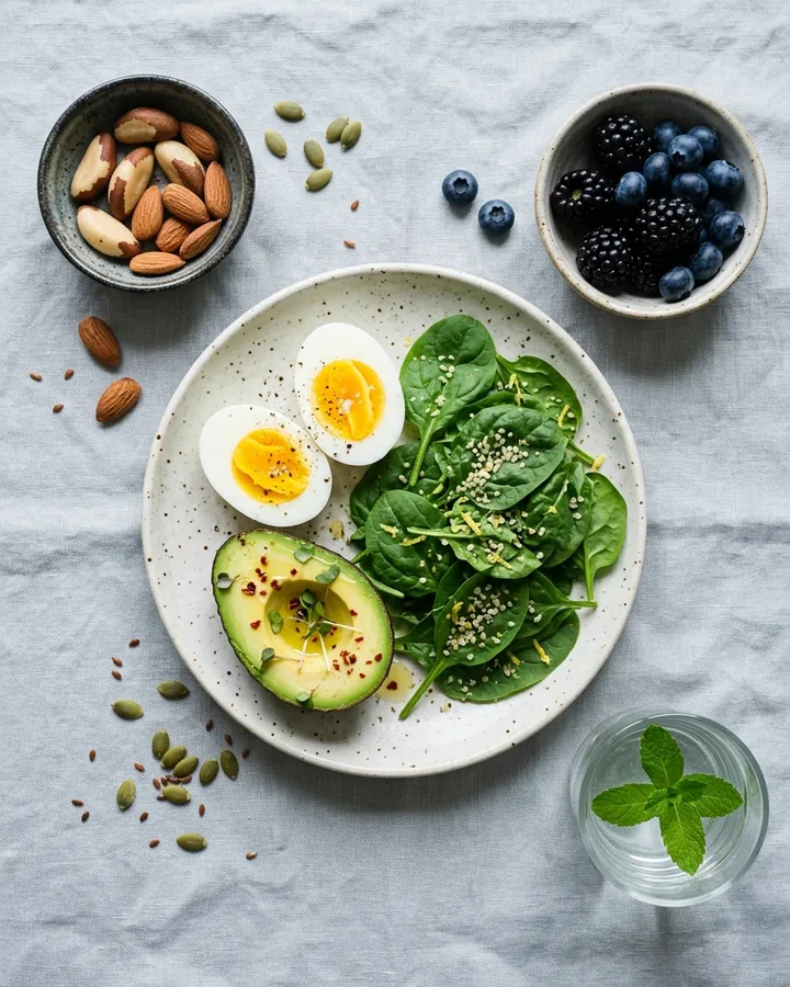Huevos cocidos, aguacate y espinacas, junto a nueces de Brasil, almendras y frutos rojos.