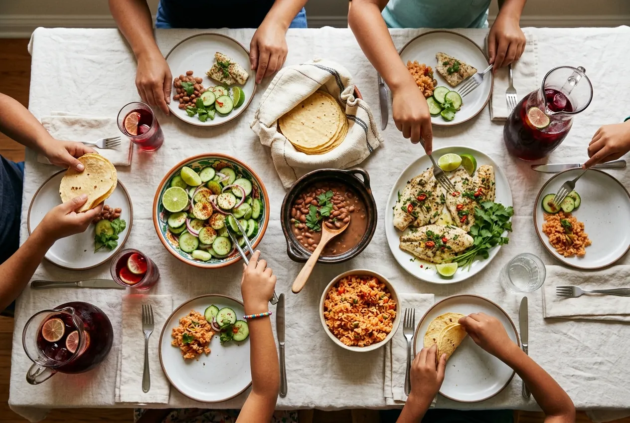 Mesa con comida casera: tortillas, frijoles, pescado, ensalada de pepino y agua de jamaica.